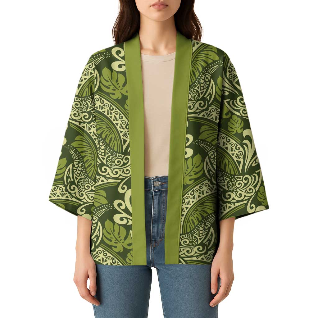 Olive Green Monstera Kimono Polynesian Tribal Pattern - Polynesian Pride