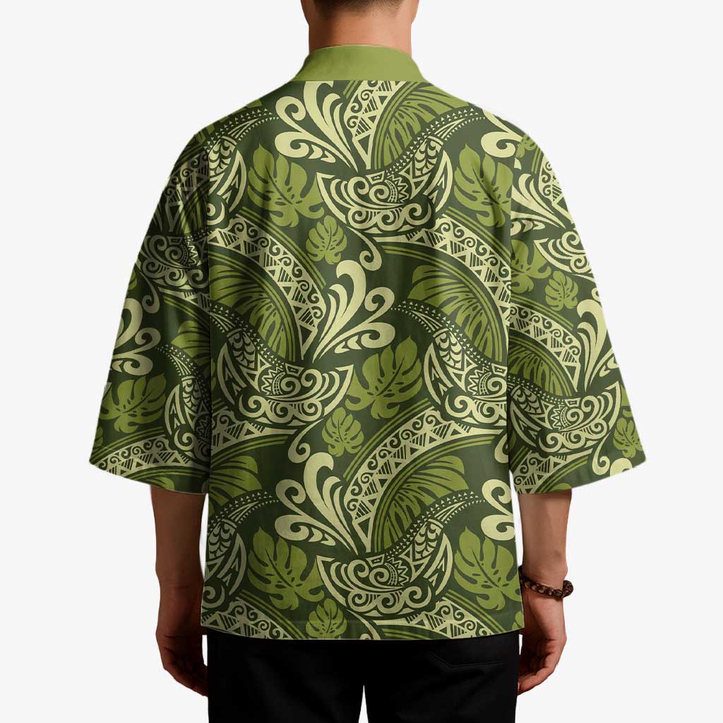 Olive Green Monstera Kimono Polynesian Tribal Pattern - Polynesian Pride