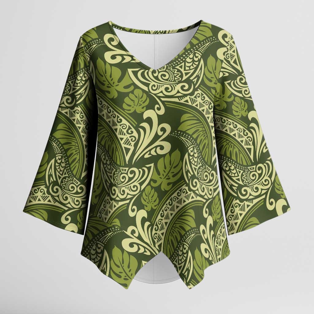 Olive Green Monstera Kimono Sleeve Blouse Polynesian Tribal Pattern - Polynesian Pride