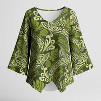 Olive Green Monstera Kimono Sleeve Blouse Polynesian Tribal Pattern - Polynesian Pride