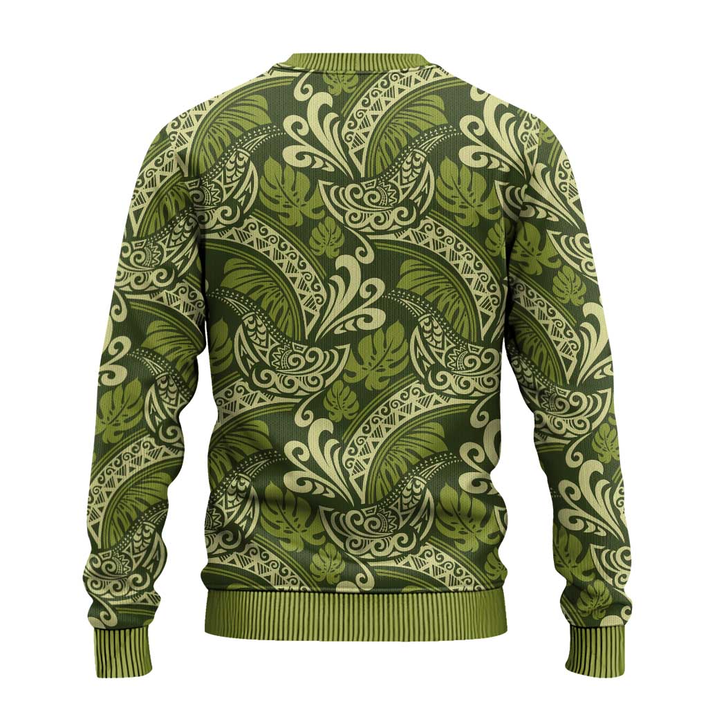 Olive Green Monstera Ugly Christmas Sweater Polynesian Tribal Pattern - Polynesian Pride