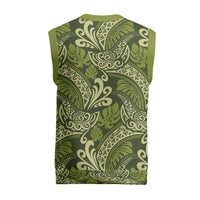 Olive Green Monstera Christmas Knitted V-Neck Vest Polynesian Tribal Pattern - Polynesian Pride