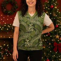 Olive Green Monstera Christmas Knitted V-Neck Vest Polynesian Tribal Pattern - Polynesian Pride