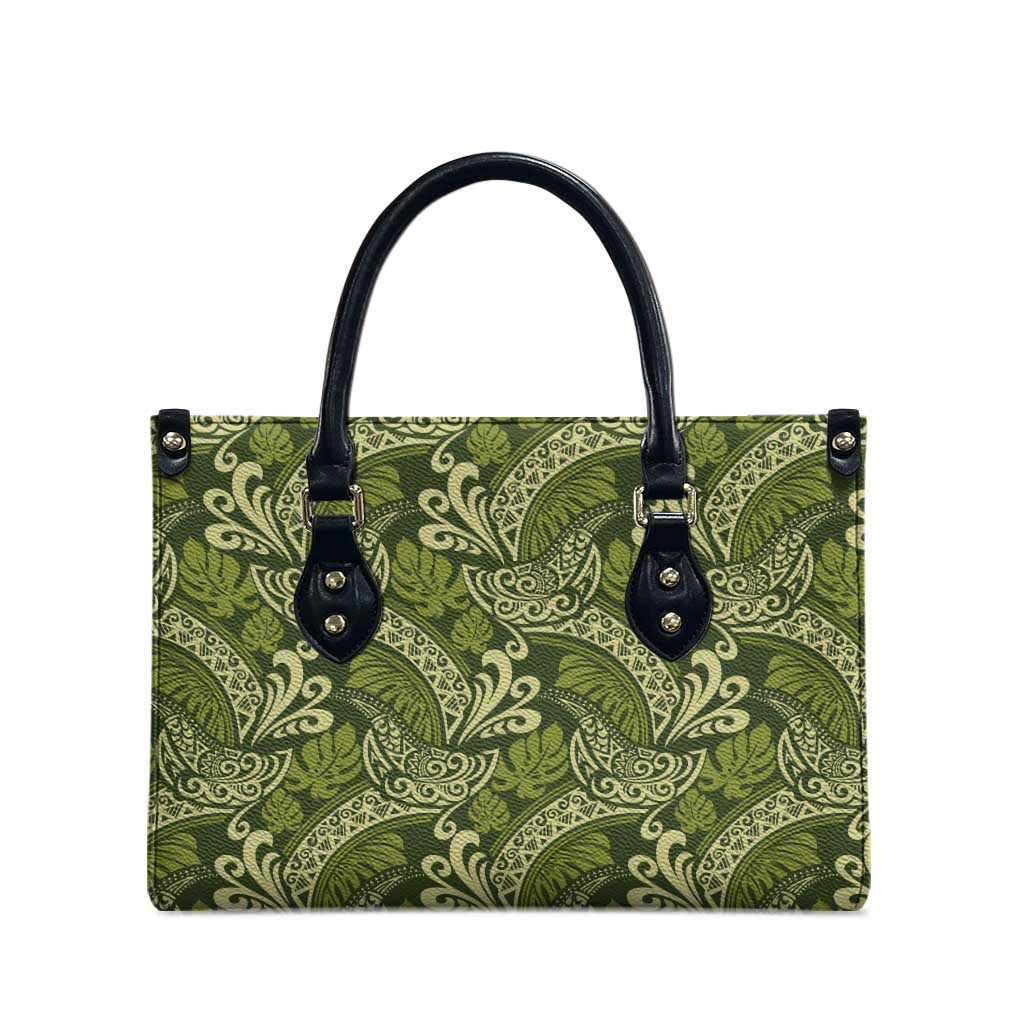 Olive Green Monstera Leather Bag Polynesian Tribal Pattern - Polynesian Pride