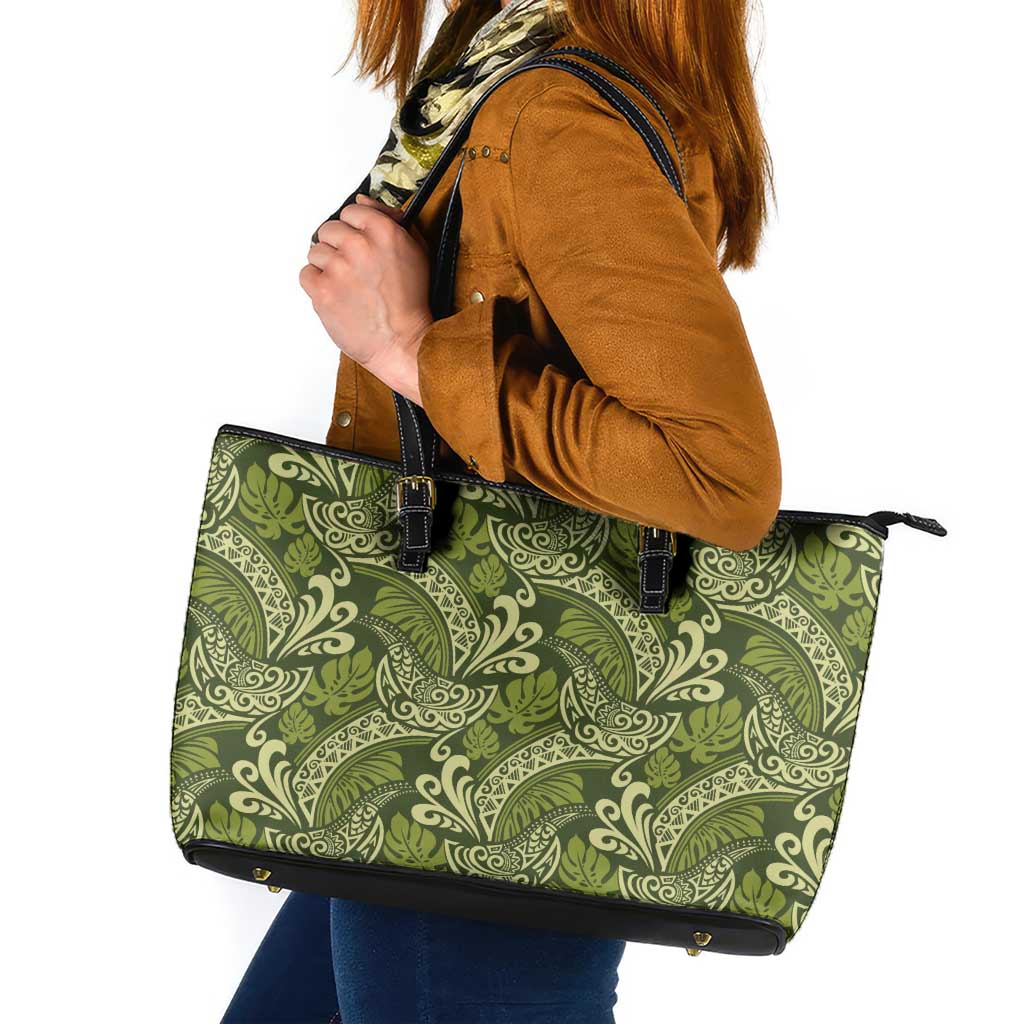 Olive Green Monstera Leather Tote Bag Polynesian Tribal Pattern - Polynesian Pride