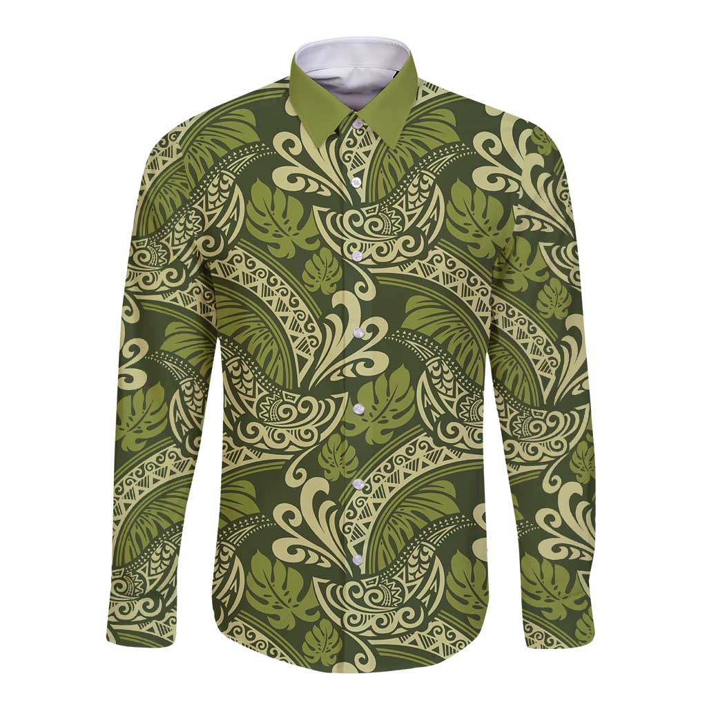 Olive Green Monstera Long Sleeve Button Shirt Polynesian Tribal Pattern - Polynesian Pride