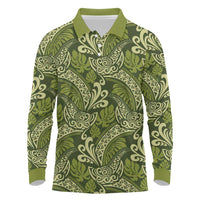 Olive Green Monstera Long Sleeve Polo Shirt Polynesian Tribal Pattern - Polynesian Pride