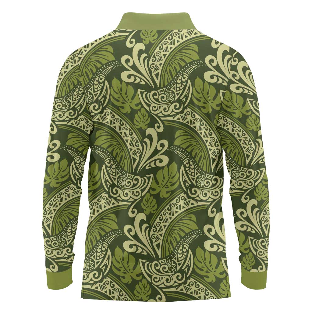Olive Green Monstera Long Sleeve Polo Shirt Polynesian Tribal Pattern - Polynesian Pride