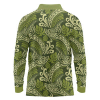 Olive Green Monstera Long Sleeve Polo Shirt Polynesian Tribal Pattern - Polynesian Pride