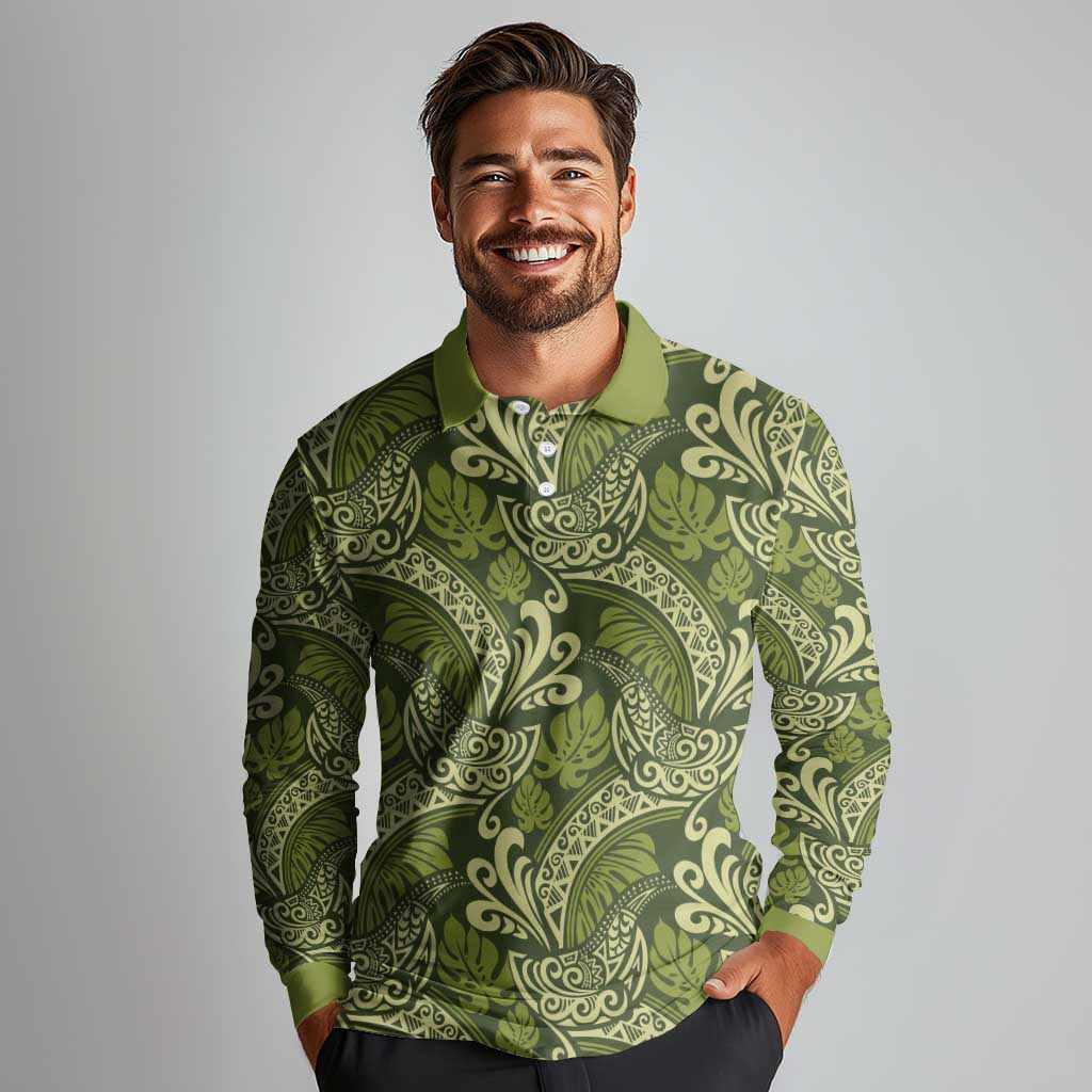 Olive Green Monstera Long Sleeve Polo Shirt Polynesian Tribal Pattern - Polynesian Pride