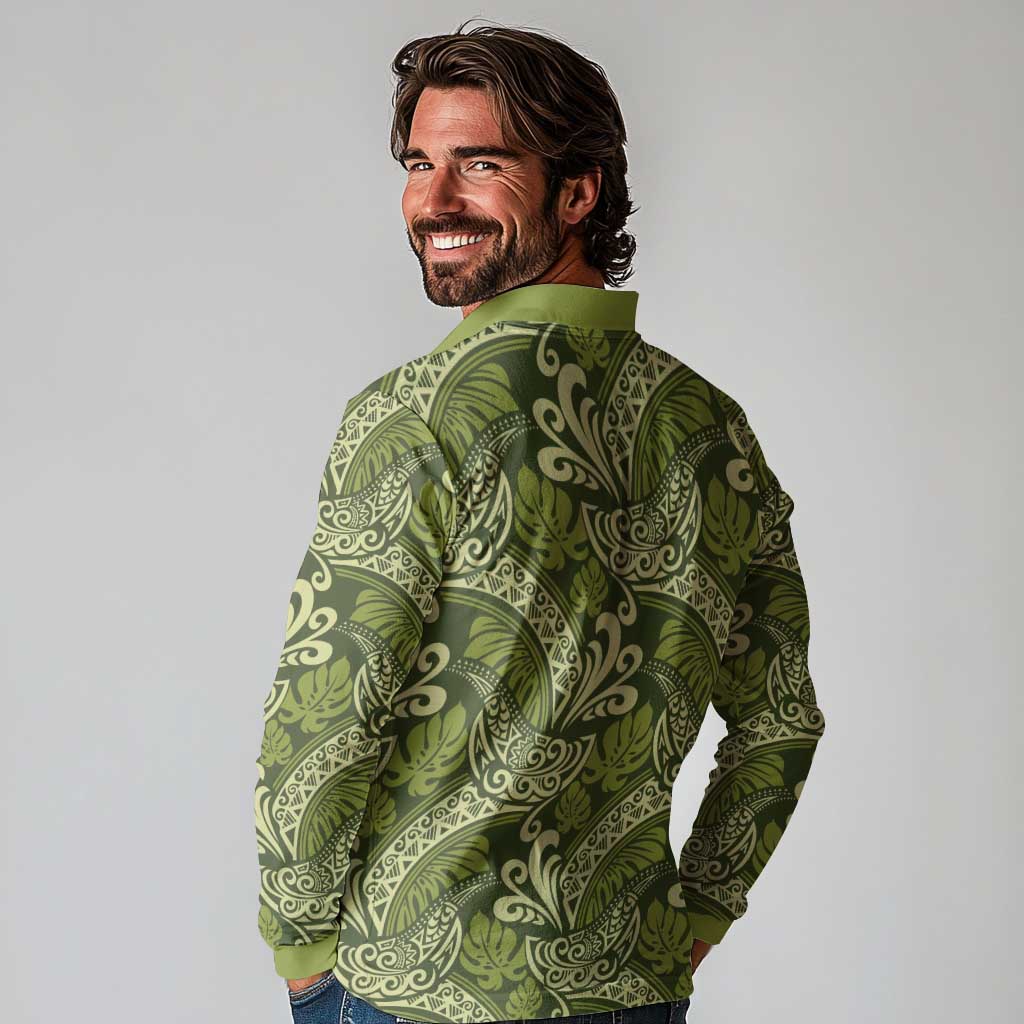 Olive Green Monstera Long Sleeve Polo Shirt Polynesian Tribal Pattern - Polynesian Pride