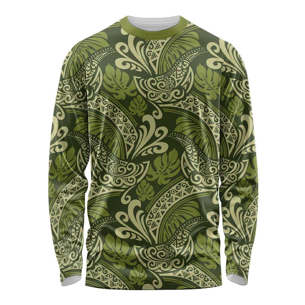 Olive Green Monstera Long Sleeve Shirt Polynesian Tribal Pattern - Polynesian Pride