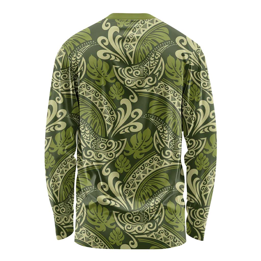 Olive Green Monstera Long Sleeve Shirt Polynesian Tribal Pattern - Polynesian Pride