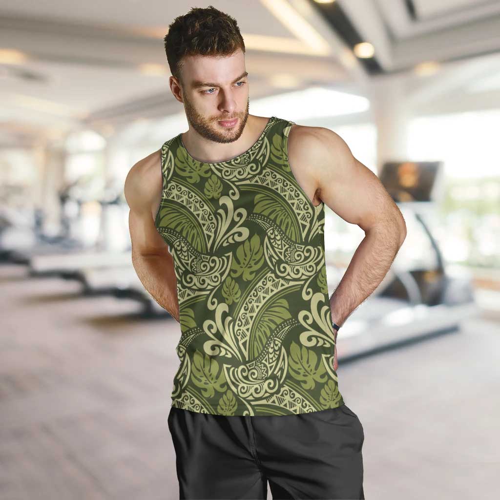 Olive Green Monstera Men Tank Top Polynesian Tribal Pattern - Polynesian Pride
