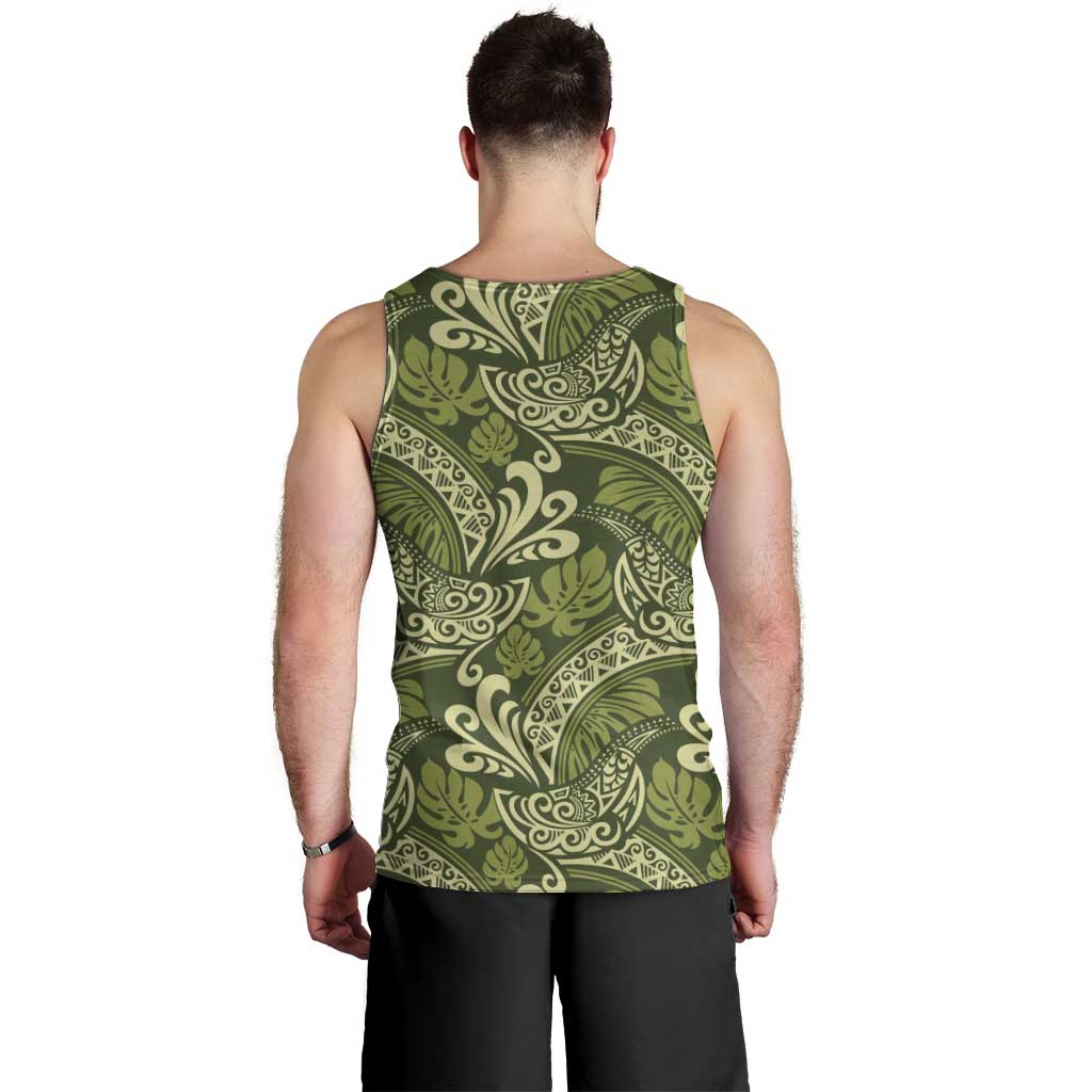 Olive Green Monstera Men Tank Top Polynesian Tribal Pattern - Polynesian Pride