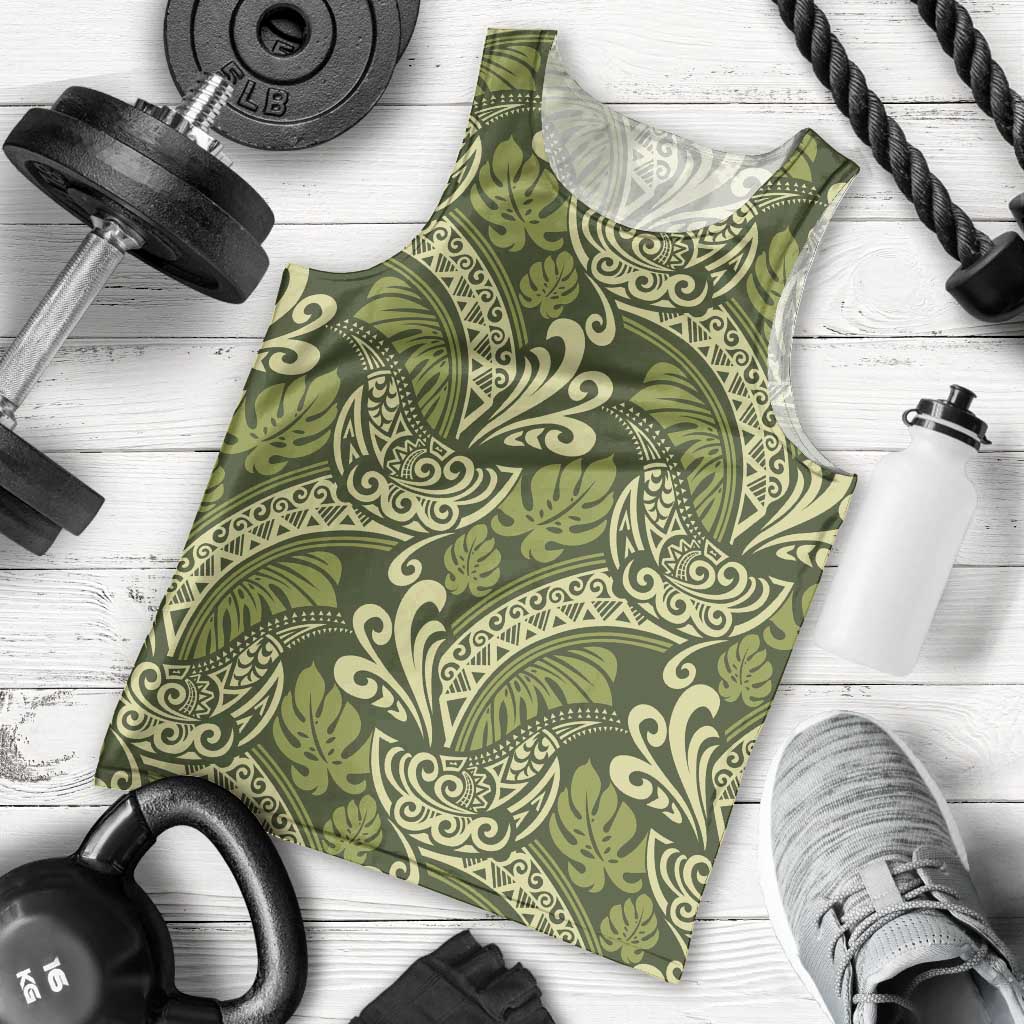 Olive Green Monstera Men Tank Top Polynesian Tribal Pattern - Polynesian Pride