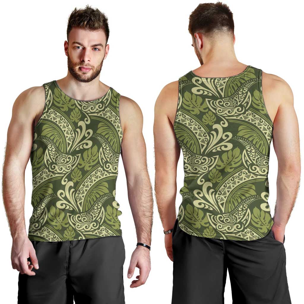 Olive Green Monstera Men Tank Top Polynesian Tribal Pattern - Polynesian Pride