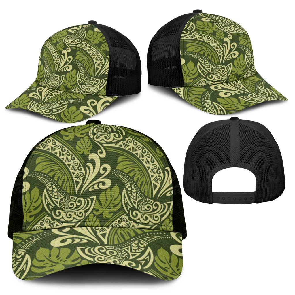 Olive Green Monstera Mesh Trucker Cap Polynesian Tribal Pattern - Polynesian Pride