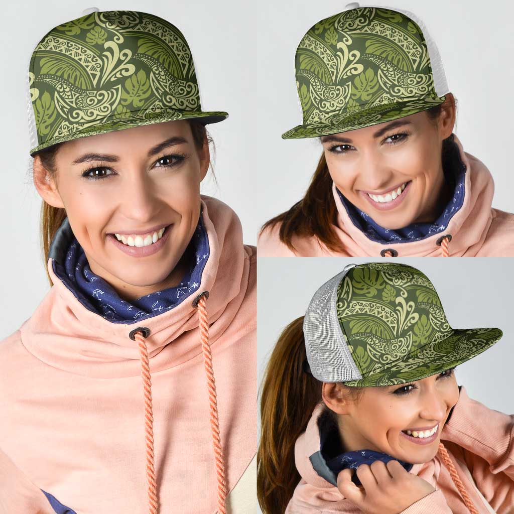 Olive Green Monstera Mesh Trucker Cap Polynesian Tribal Pattern - Polynesian Pride