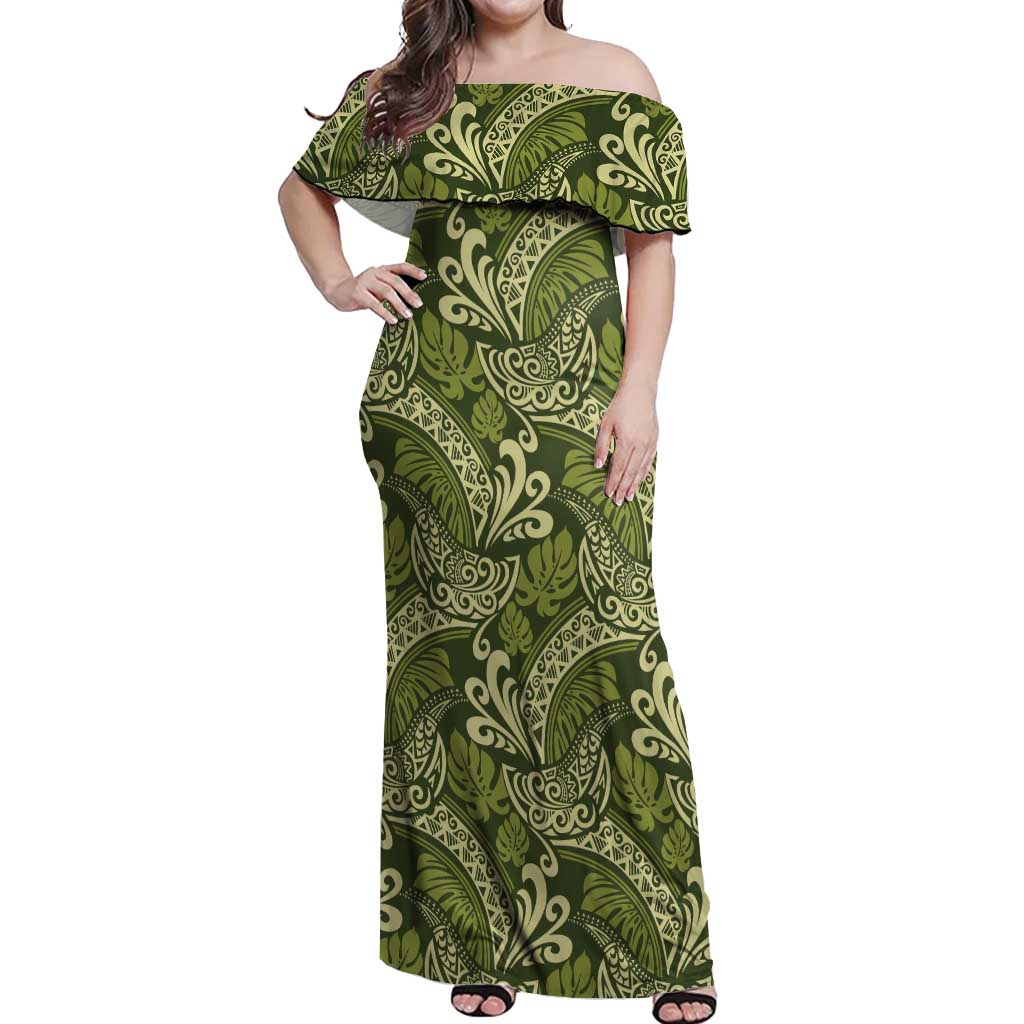 Olive Green Monstera Off Shoulder Maxi Dress Polynesian Tribal Pattern - Polynesian Pride
