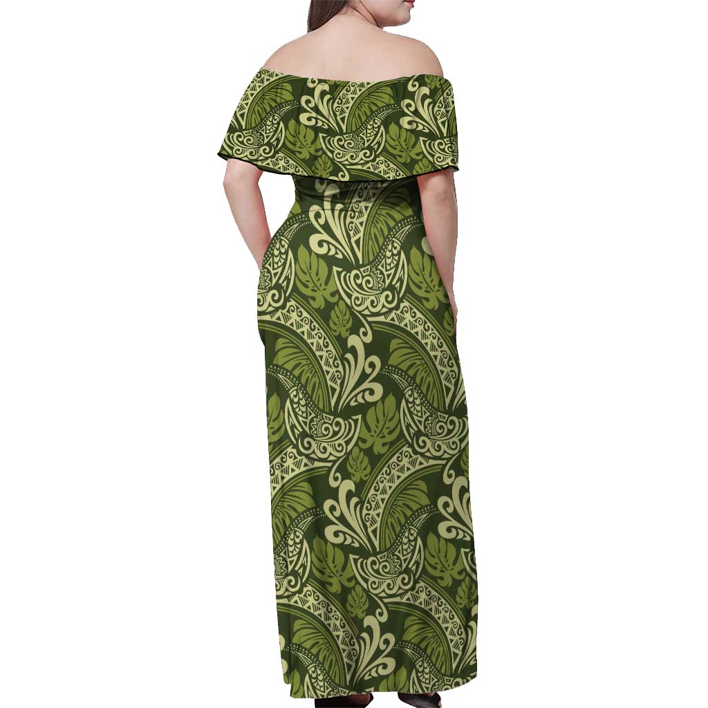 Olive Green Monstera Off Shoulder Maxi Dress Polynesian Tribal Pattern - Polynesian Pride