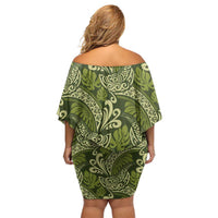 Olive Green Monstera Off Shoulder Short Dress Polynesian Tribal Pattern - Polynesian Pride