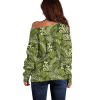 Olive Green Monstera Off Shoulder Sweater Polynesian Tribal Pattern - Polynesian Pride