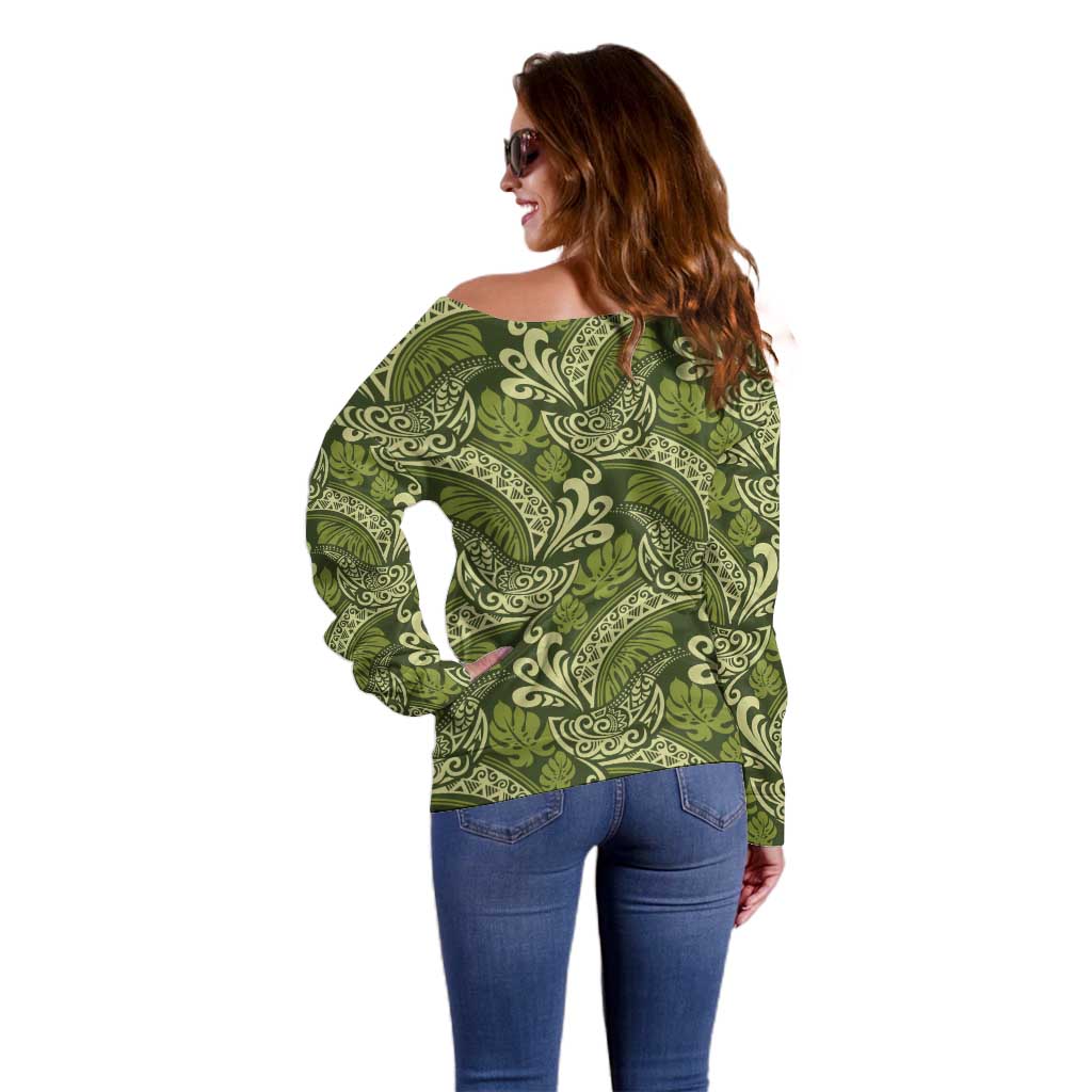 Olive Green Monstera Off Shoulder Sweater Polynesian Tribal Pattern - Polynesian Pride