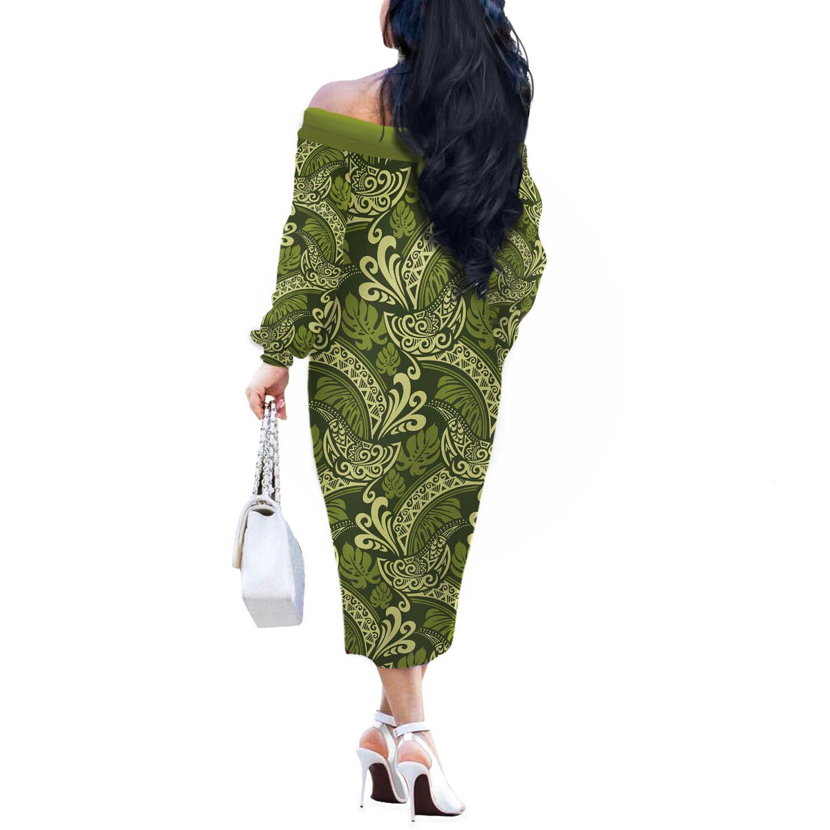 Olive Green Monstera Off The Shoulder Long Sleeve Dress Polynesian Tribal Pattern - Polynesian Pride
