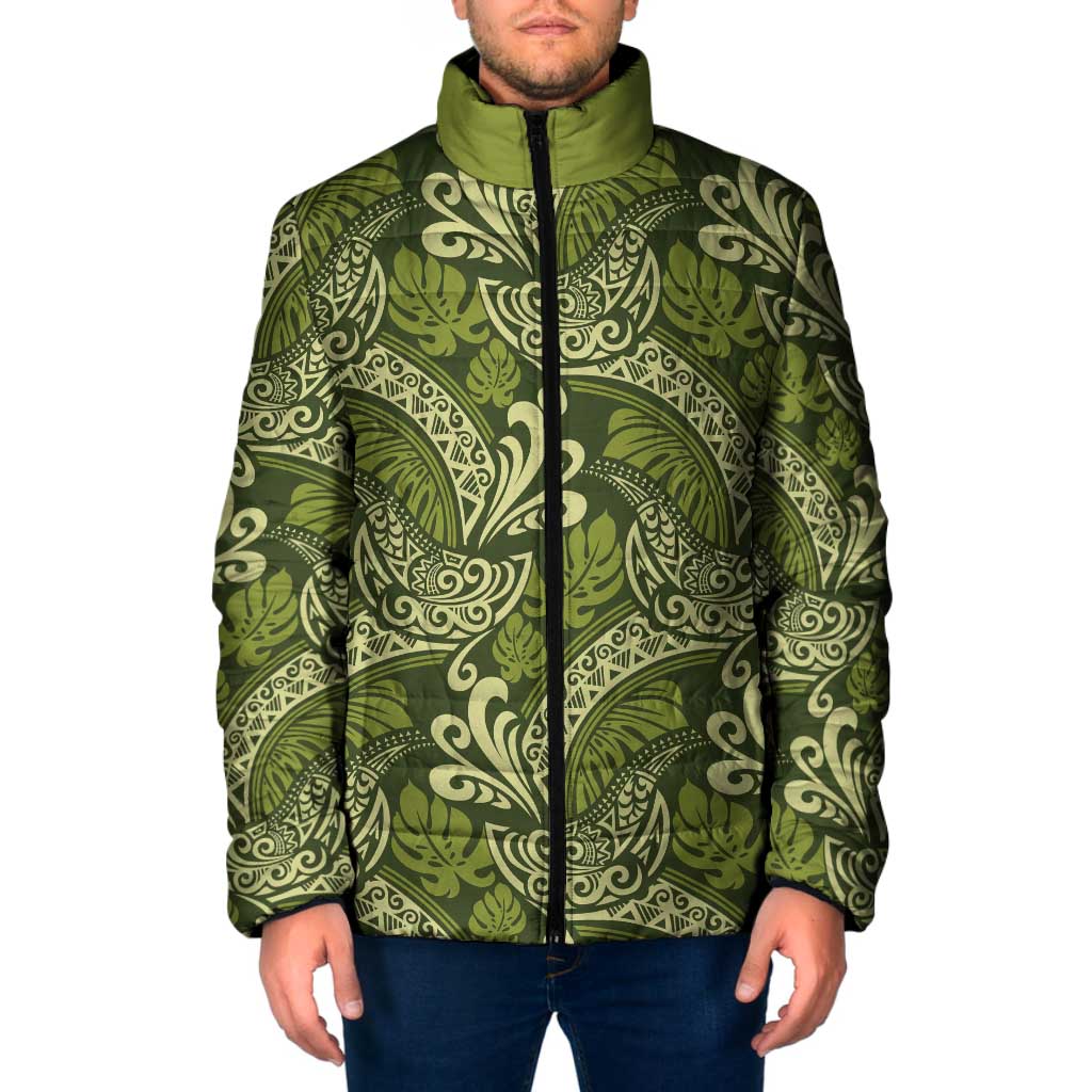Olive Green Monstera Padded Jacket Polynesian Tribal Pattern - Polynesian Pride
