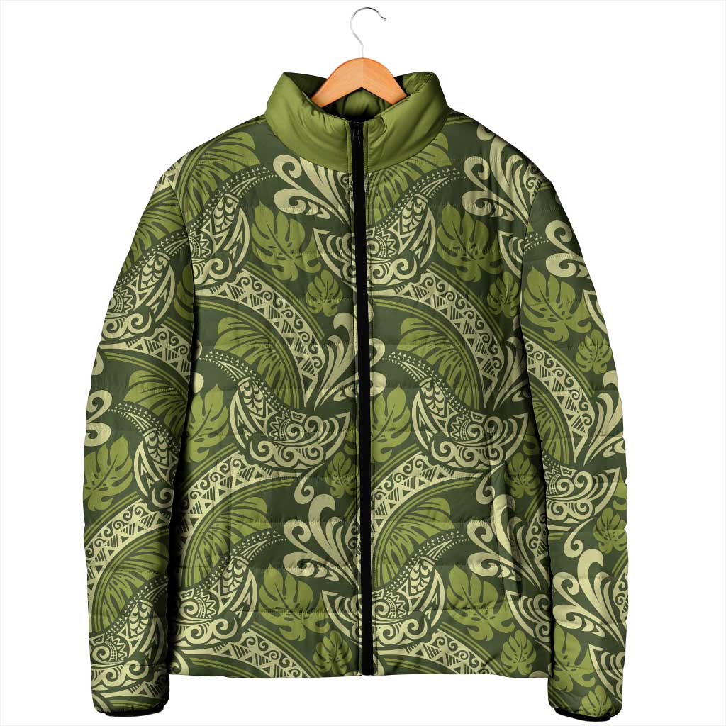 Olive Green Monstera Padded Jacket Polynesian Tribal Pattern - Polynesian Pride