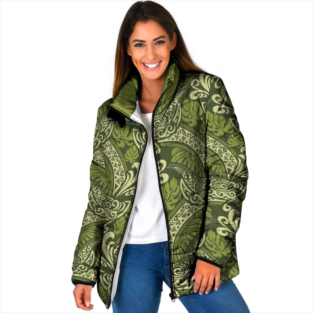 Olive Green Monstera Padded Jacket Polynesian Tribal Pattern - Polynesian Pride