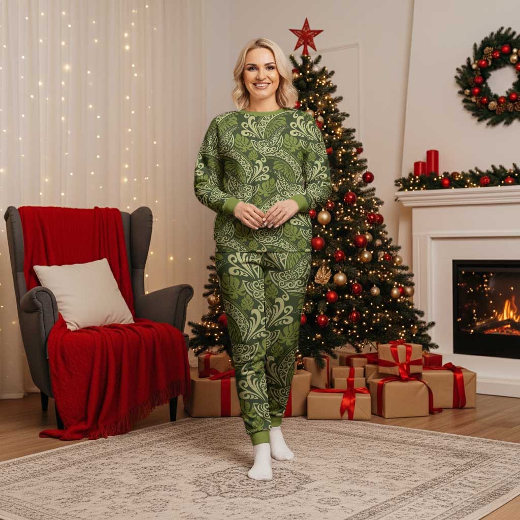 Olive Green Monstera Christmas Pajama Set Polynesian Tribal Pattern - Polynesian Pride