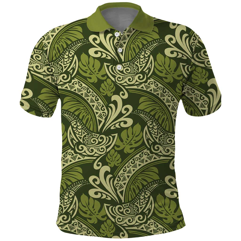 Olive Green Monstera Polo Shirt Polynesian Tribal Pattern - Polynesian Pride