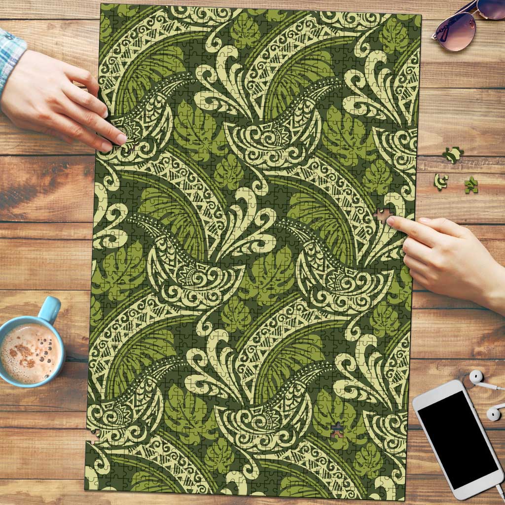 Olive Green Monstera Puzzle Polynesian Tribal Pattern - Polynesian Pride