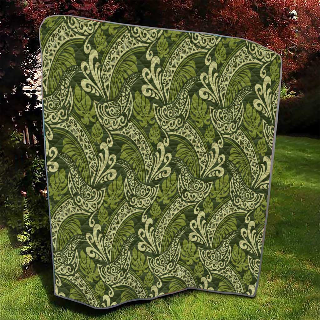 Olive Green Monstera Quilt Polynesian Tribal Pattern - Polynesian Pride