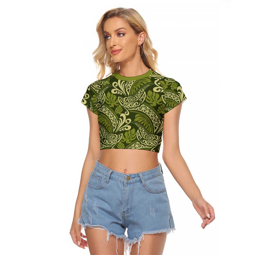 Olive Green Monstera Raglan Cropped T Shirt Polynesian Tribal Pattern - Polynesian Pride