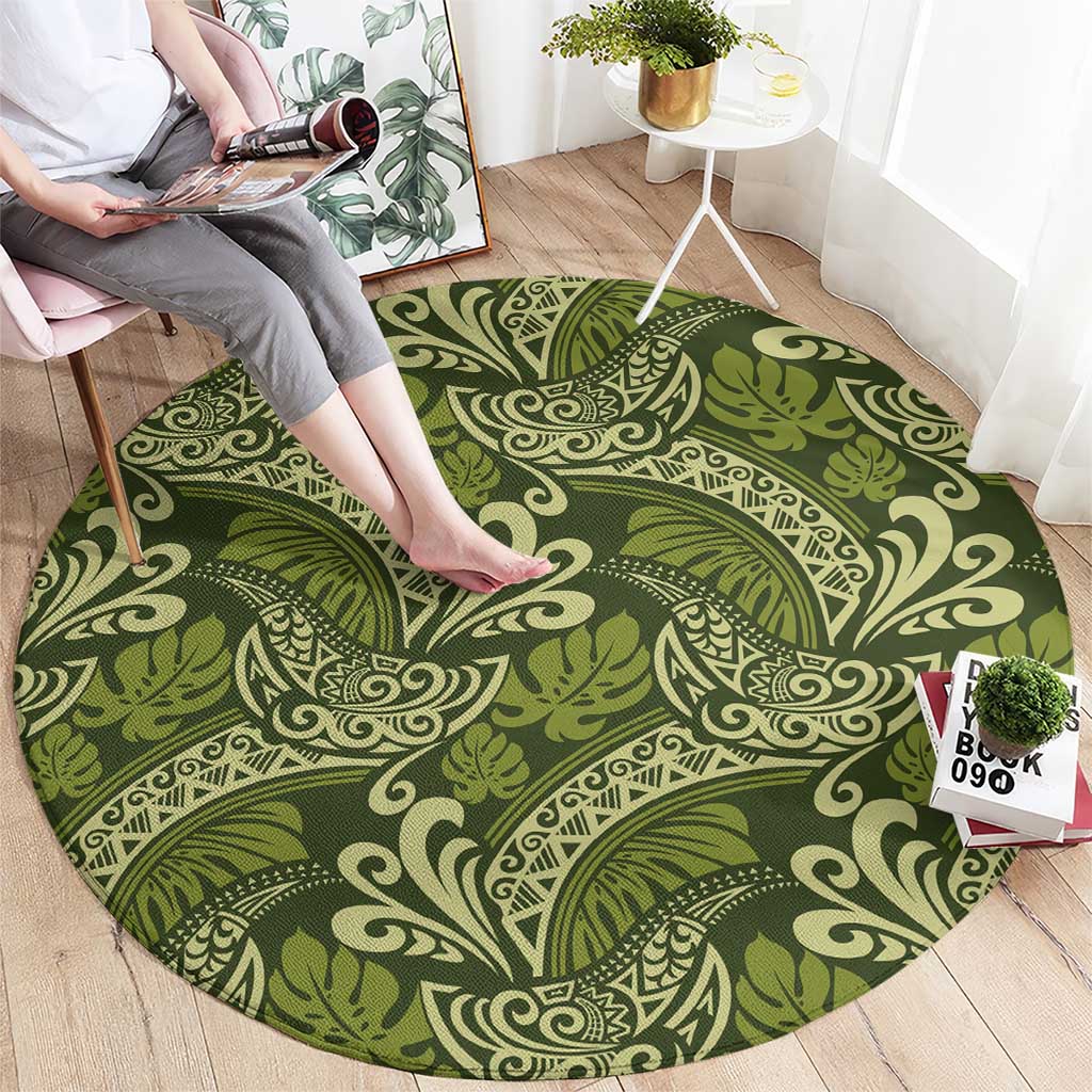 Olive Green Monstera Round Carpet Polynesian Tribal Pattern - Polynesian Pride