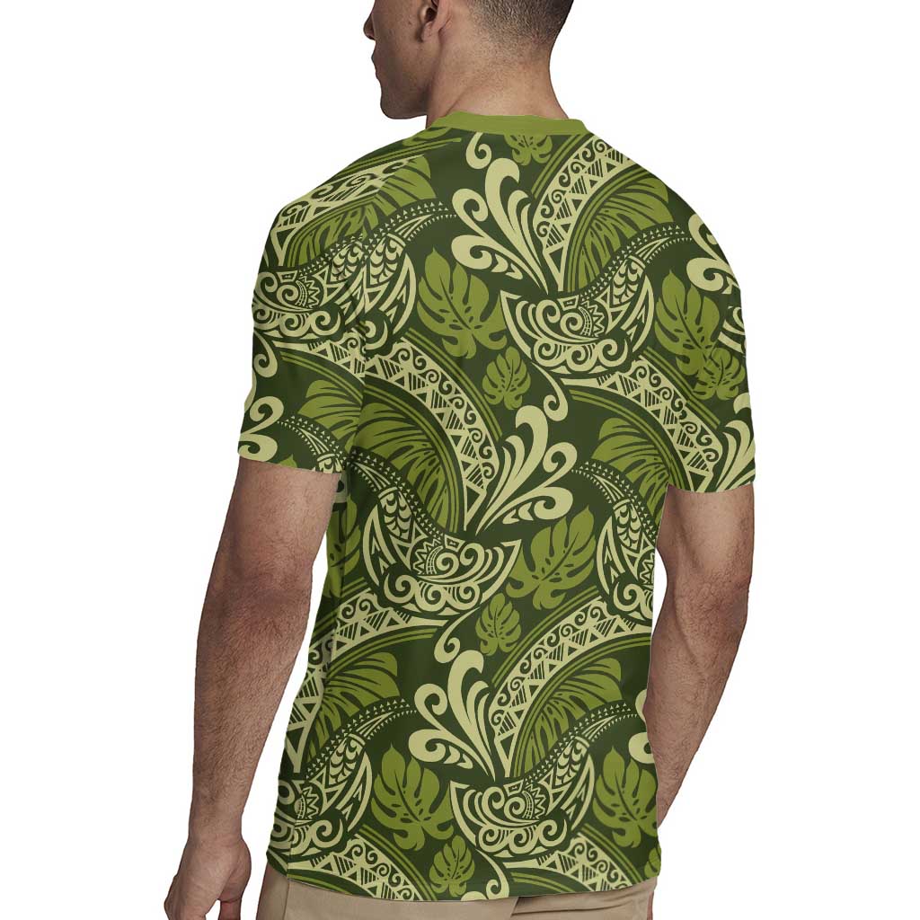 Olive Green Monstera Rugby Jersey Polynesian Tribal Pattern - Polynesian Pride