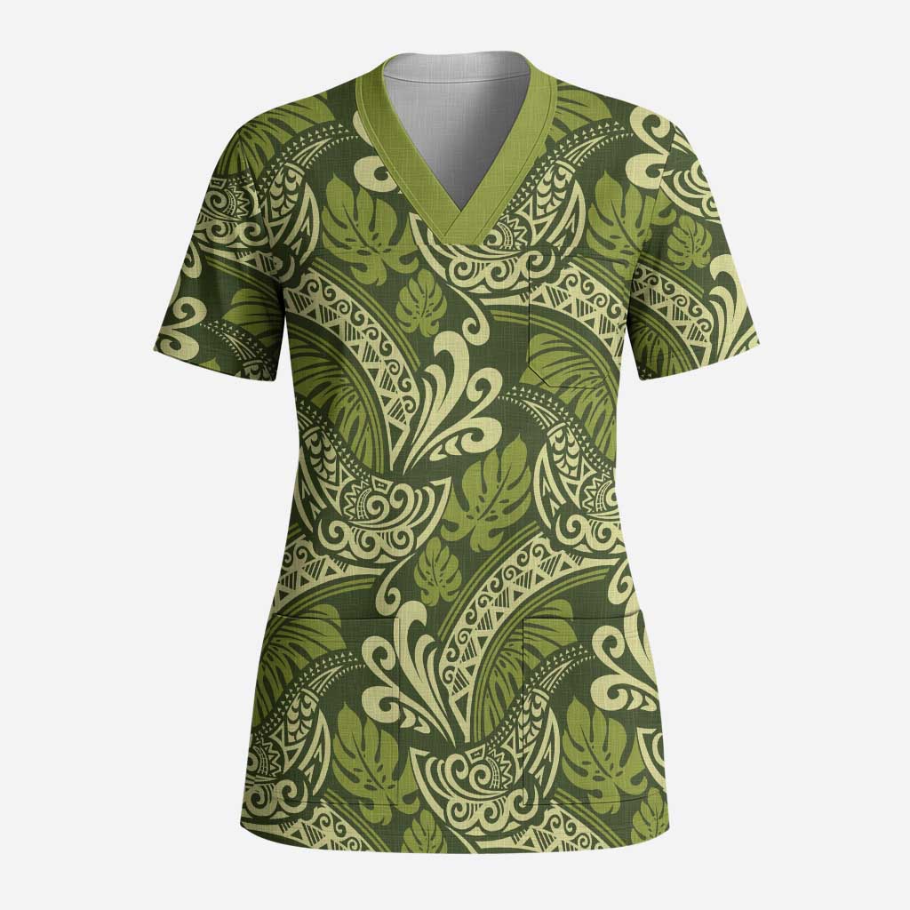Olive Green Monstera Scrub Top Polynesian Tribal Pattern - Polynesian Pride