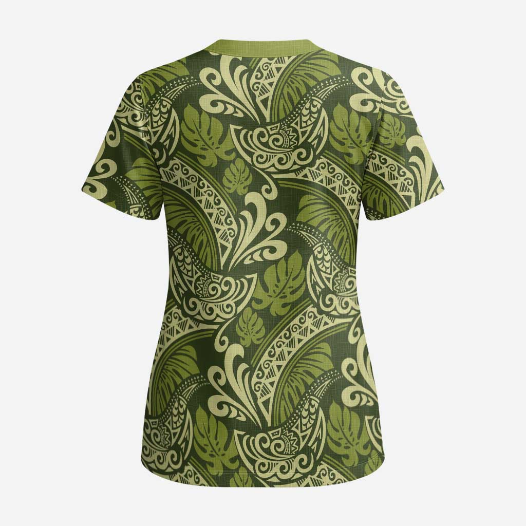 Olive Green Monstera Scrub Top Polynesian Tribal Pattern - Polynesian Pride