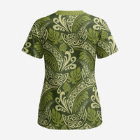 Olive Green Monstera Scrub Top Polynesian Tribal Pattern - Polynesian Pride