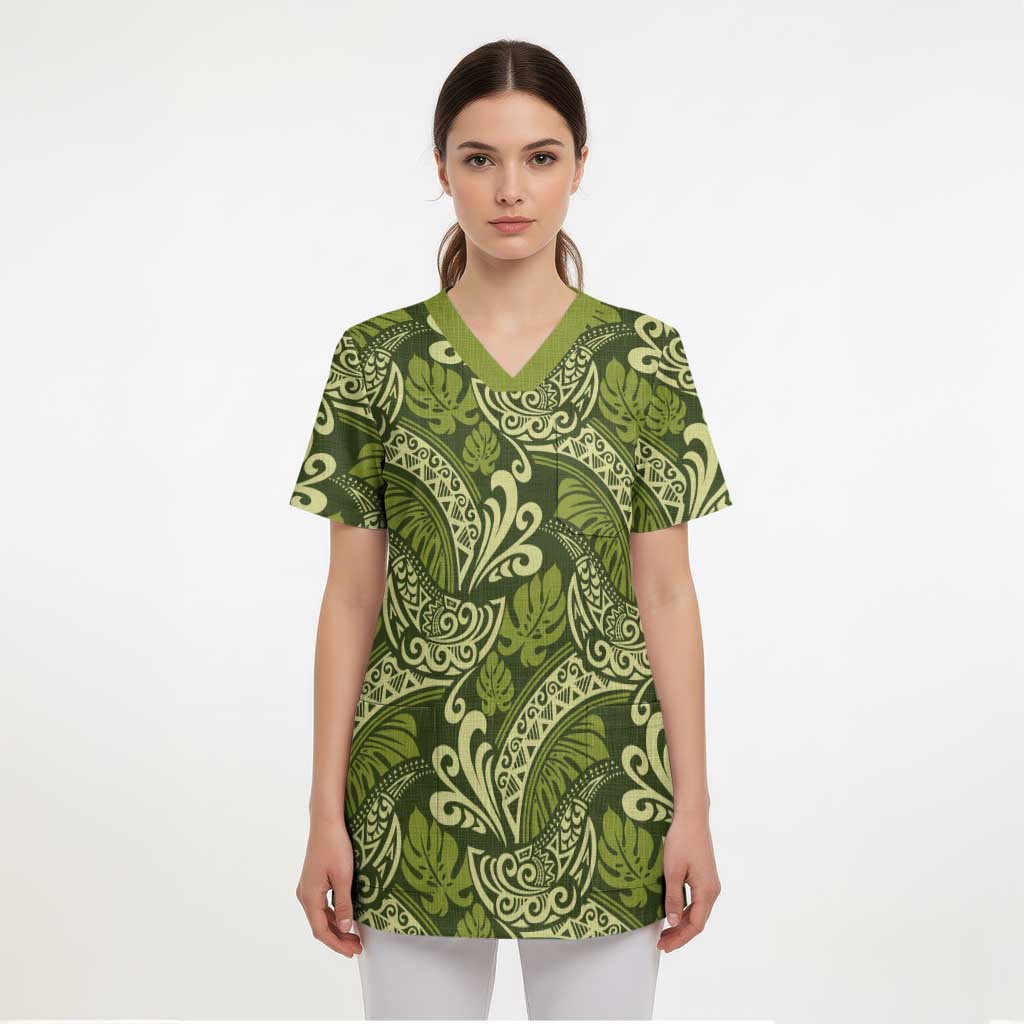 Olive Green Monstera Scrub Top Polynesian Tribal Pattern - Polynesian Pride