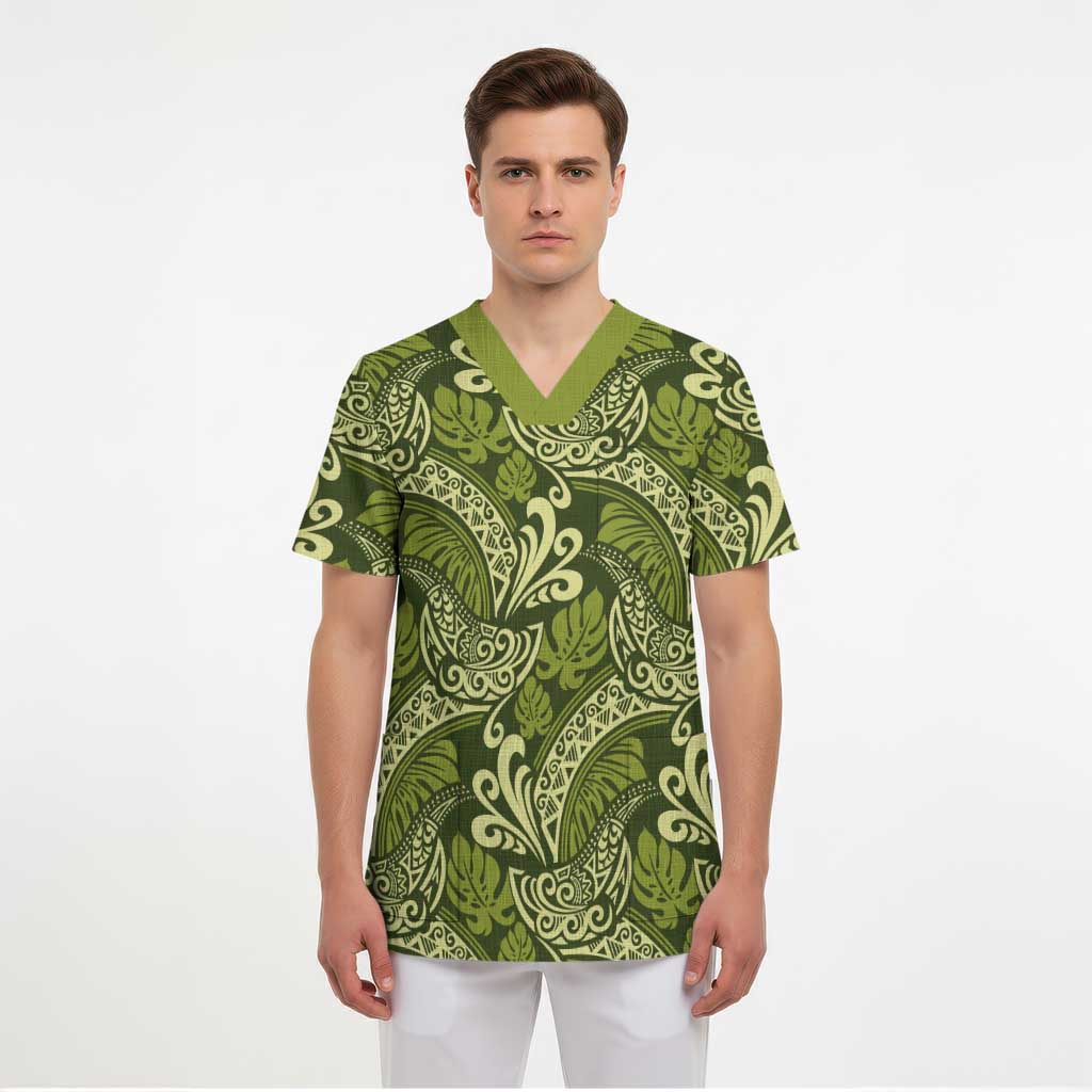 Olive Green Monstera Scrub Top Polynesian Tribal Pattern - Polynesian Pride