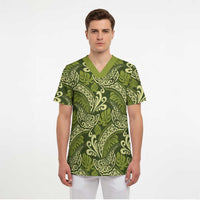 Olive Green Monstera Scrub Top Polynesian Tribal Pattern - Polynesian Pride