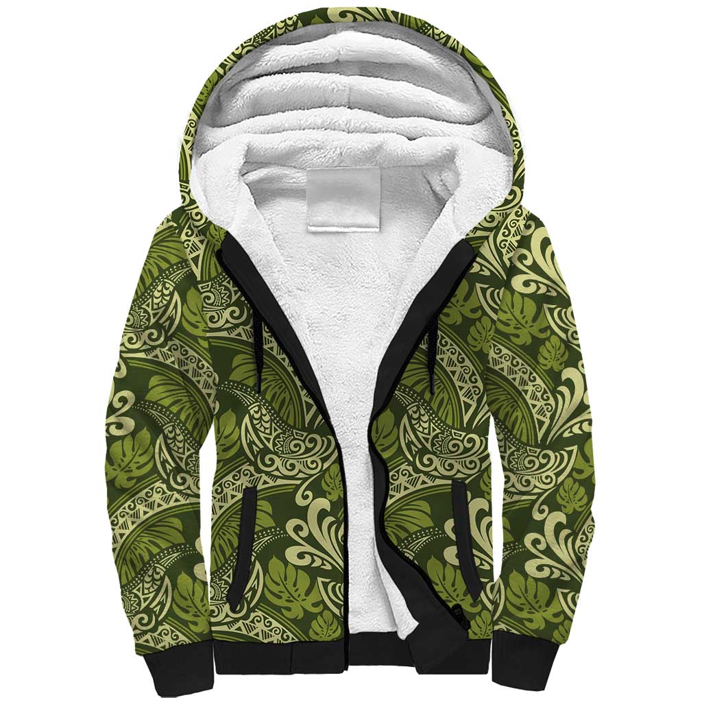 Olive Green Monstera Sherpa Hoodie Polynesian Tribal Pattern - Polynesian Pride