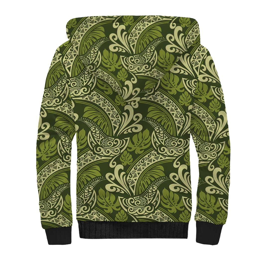 Olive Green Monstera Sherpa Hoodie Polynesian Tribal Pattern - Polynesian Pride