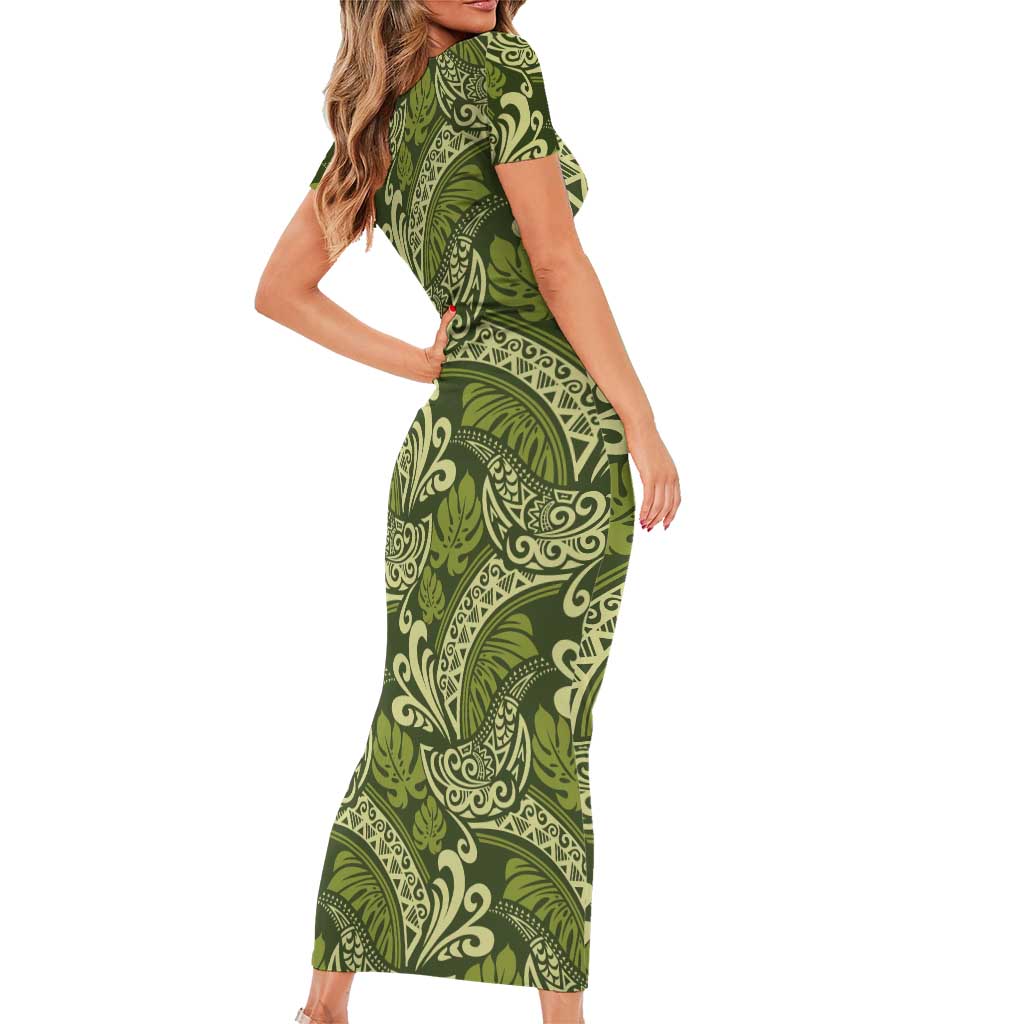 Olive Green Monstera Short Sleeve Bodycon Dress Polynesian Tribal Pattern - Polynesian Pride