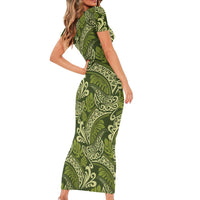 Olive Green Monstera Short Sleeve Bodycon Dress Polynesian Tribal Pattern - Polynesian Pride