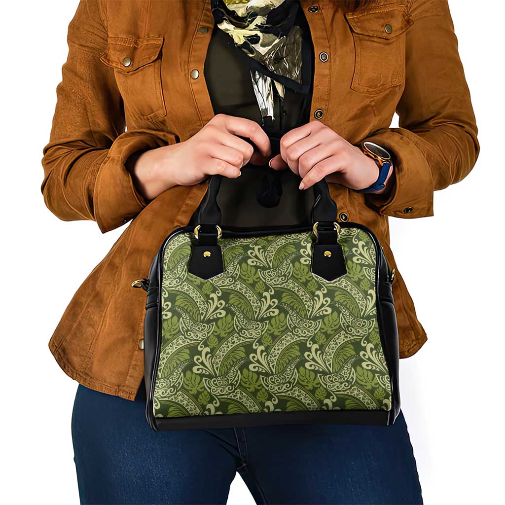 Olive Green Monstera Shoulder Handbag Polynesian Tribal Pattern - Polynesian Pride